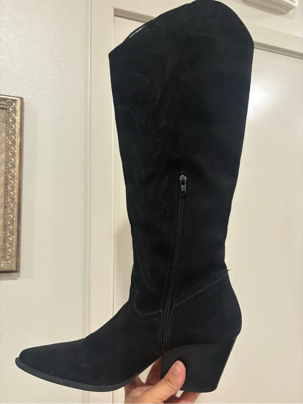 Suede Black Knee-High Pointed Toe Women's Boots